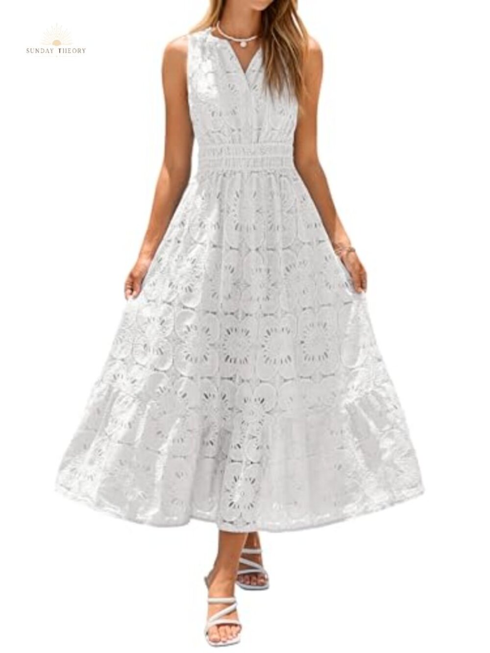 Women Sleeveless Eyelet Lace Maxi Dress Boho V Neck Flowy A Line Summer